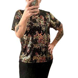 Vintage 80s Blair Black Gold Metallic Floral Top Sz M Disco Club